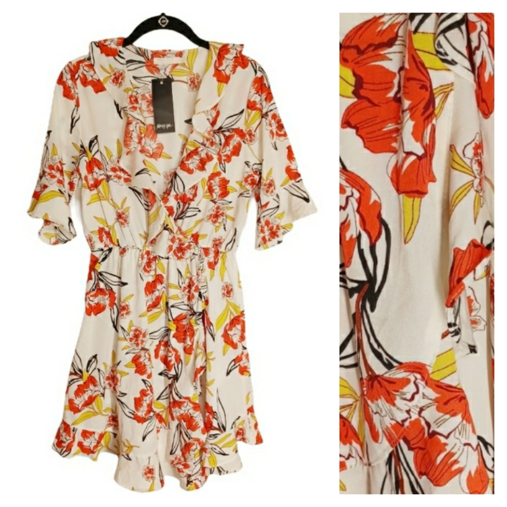 NASTY GAL VERA & LUCY Red Yellow Black Floral Print Ruffle Romper Medium NWT - Picture 1 of 8